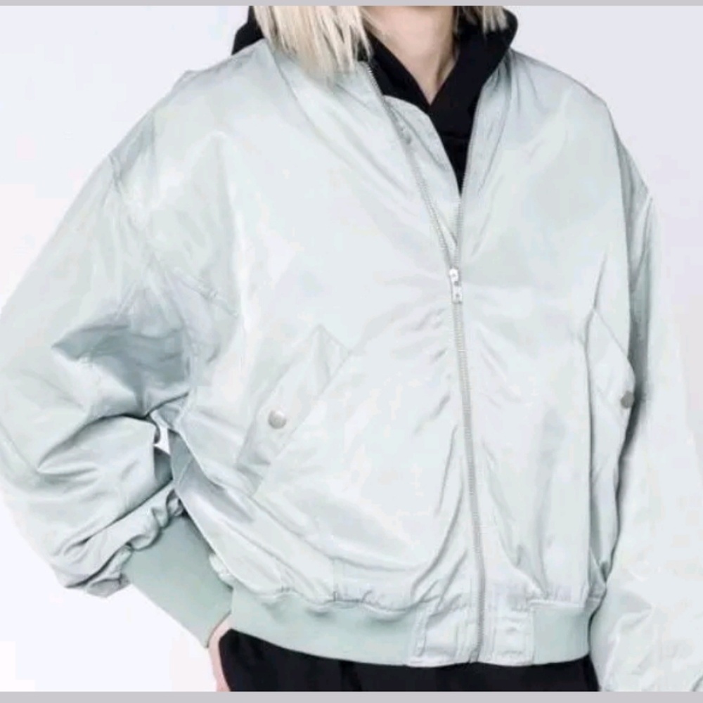 Anthropologie JOA Mint Green Satin Bomber Jacket